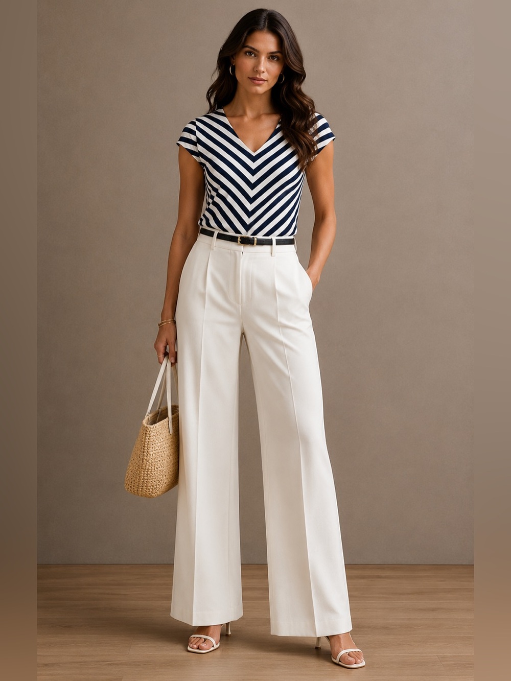 Ann Taylor Striped Chevron V-Neck Cap Sleeve Top